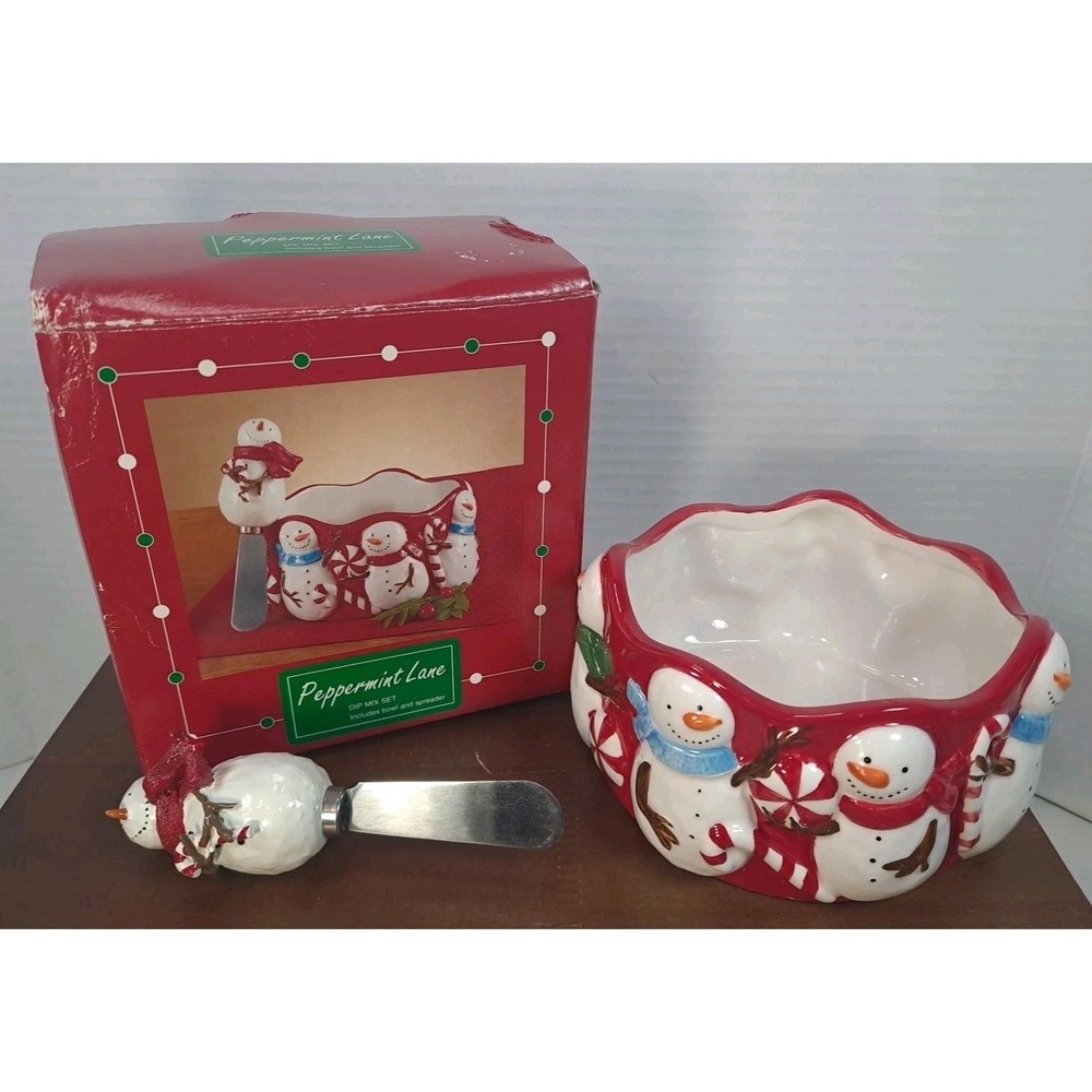 NIB Sonoma "Peppermint Lane" Dip Mix Set Includes Bowl & Snowmen Spreader
